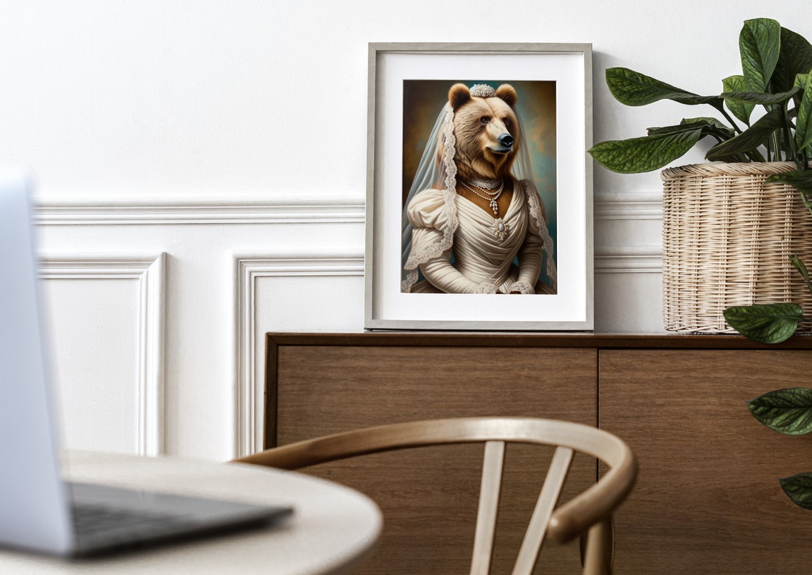 Brown Bear Bride in an Ivory Wedding Dress with Jeweled Brooch Poster - Image 3