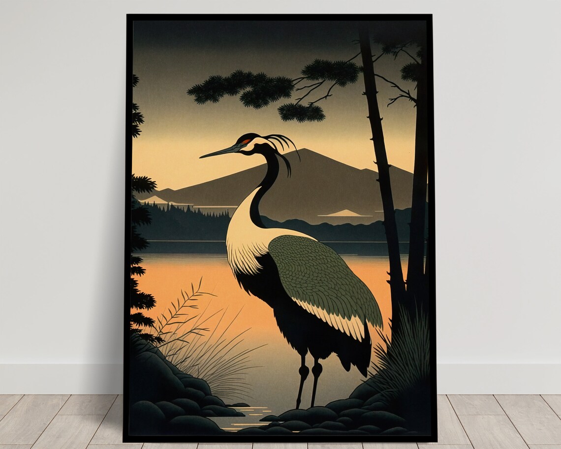 Red Crowned Crane By Lake At Sunrise Japanese Art Style Poster