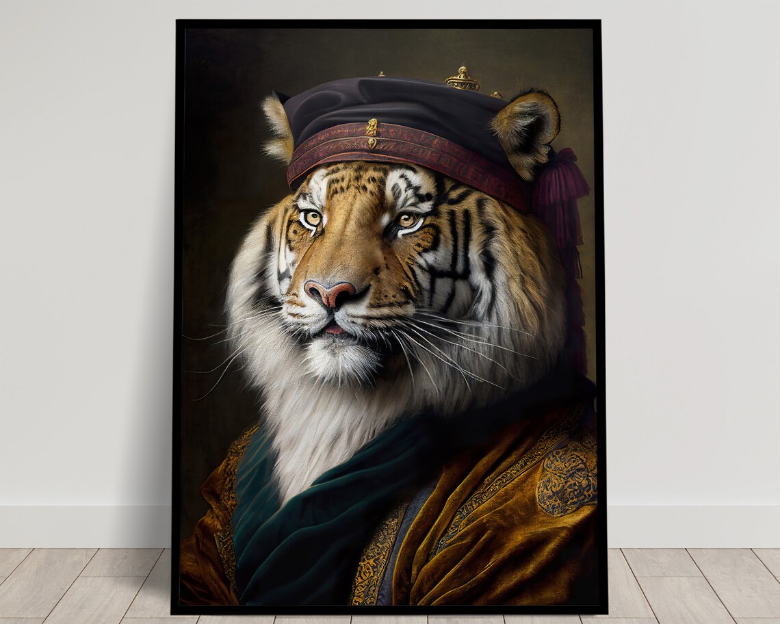 Tiger in a Baroque Turban and Velvet Robe Royal Animal Portrait Poster