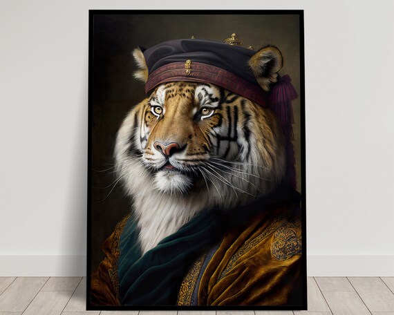 Tiger in a Baroque Turban and Velvet Robe Royal Animal Portrait Poster