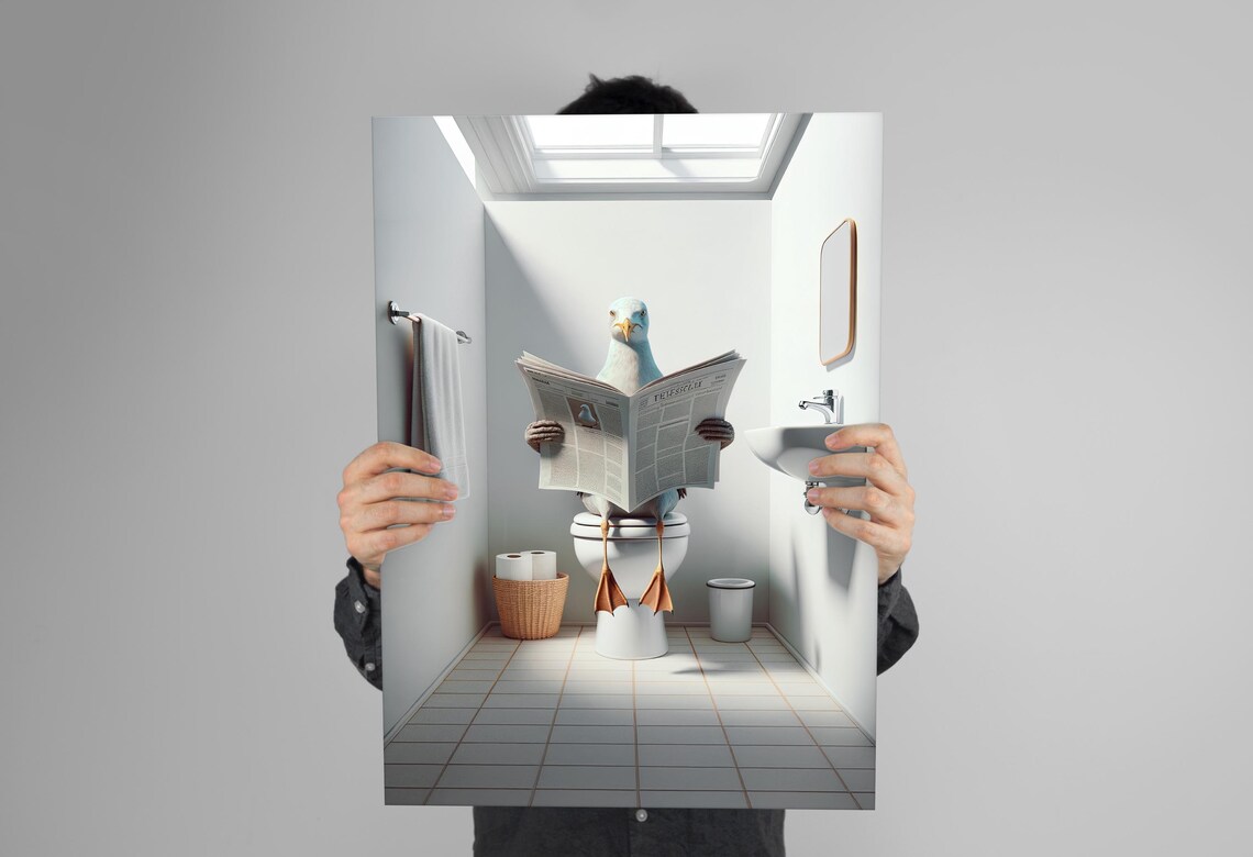Seagull Reading Newspaper On The Toilet, Funny Poster - Image 3