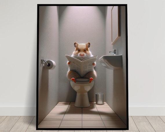 Hamster Reading the Newspaper on the Toilet Funny Bathroom Poster