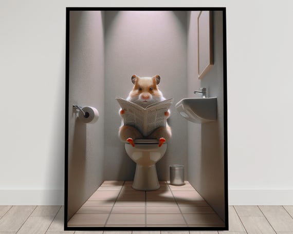 Photograph Of A Hamster Reading The Newspaper On The Toilet Funny Bathroom Decor Bathroom Wall Art Wc Toilet Poster Unique Gag Gift