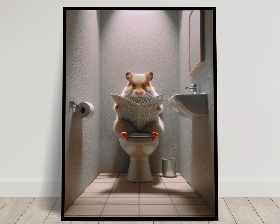 Hamster Reading the Newspaper on the Toilet Funny Bathroom Poster