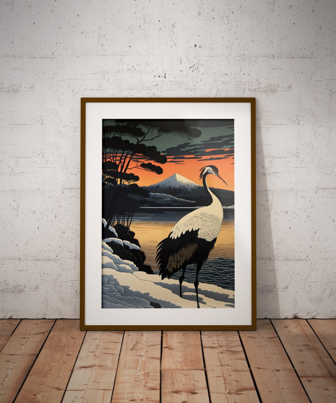 Red Crowned Crane At Sunset With Mount Fuji Japan Art Poster - Image 2