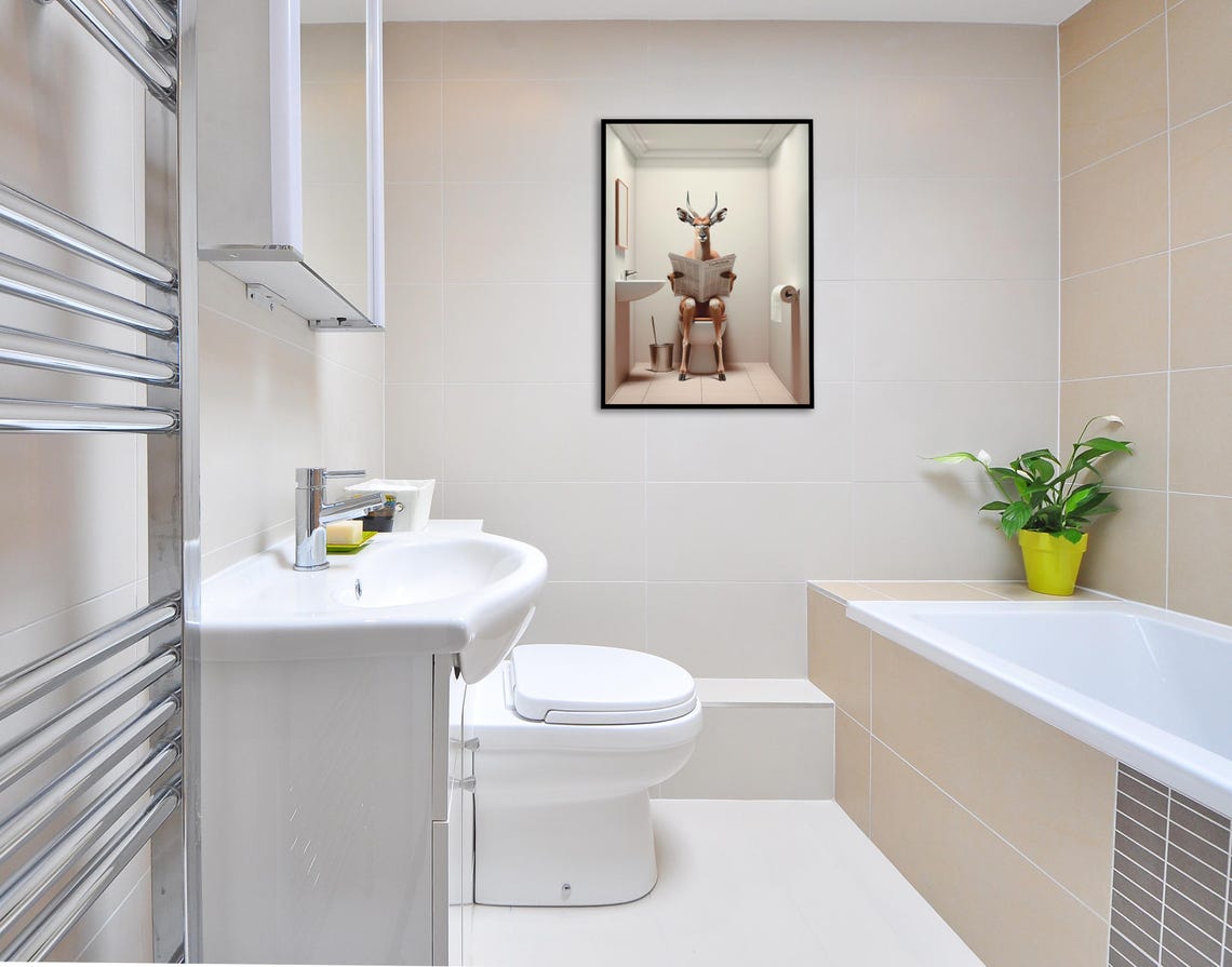 Antelope Reading the Newspaper on the Toilet Funny Bathroom Poster - Image 2
