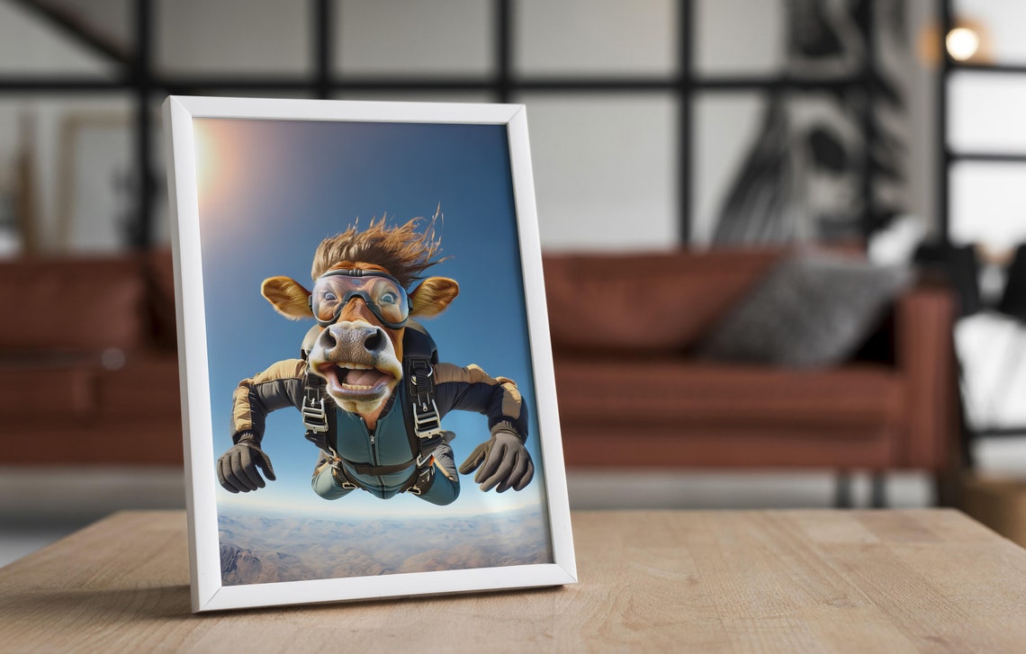 Smiling Brown Cow Skydiving In Goggles Epic Freefall Funny Poster - Image 4