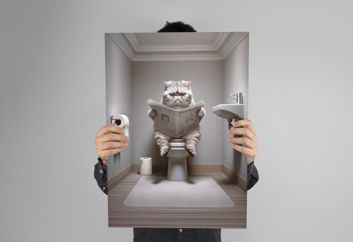 Silver Tabby Cat Reading Newspaper On The Toilet Funny Bathroom Poster - Image 3