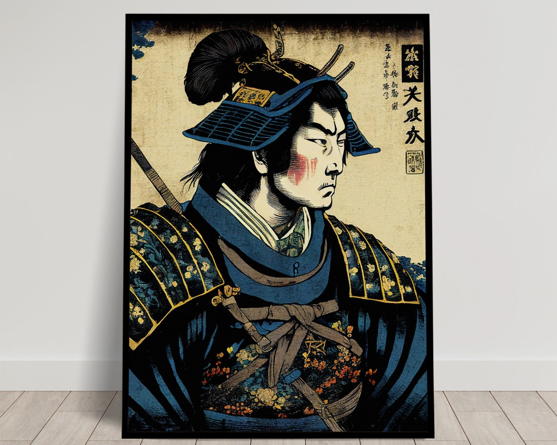 Fierce Samurai In Blue Armor Japanese Ukiyo E Style Art Poster