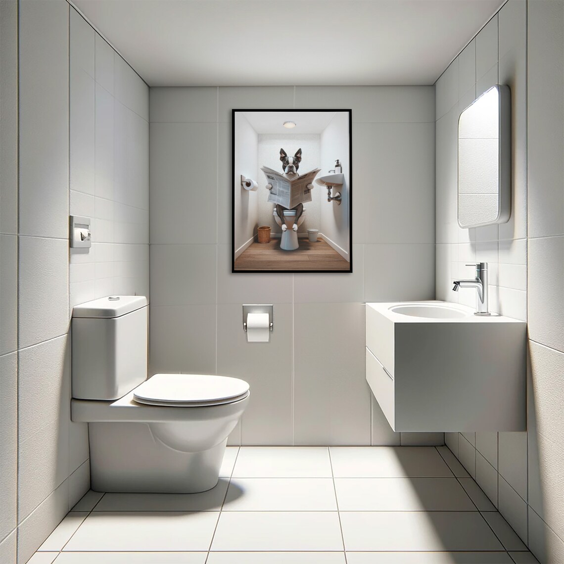 Boston Terrier Reading Newspaper Funny Bathroom Poster - Image 4