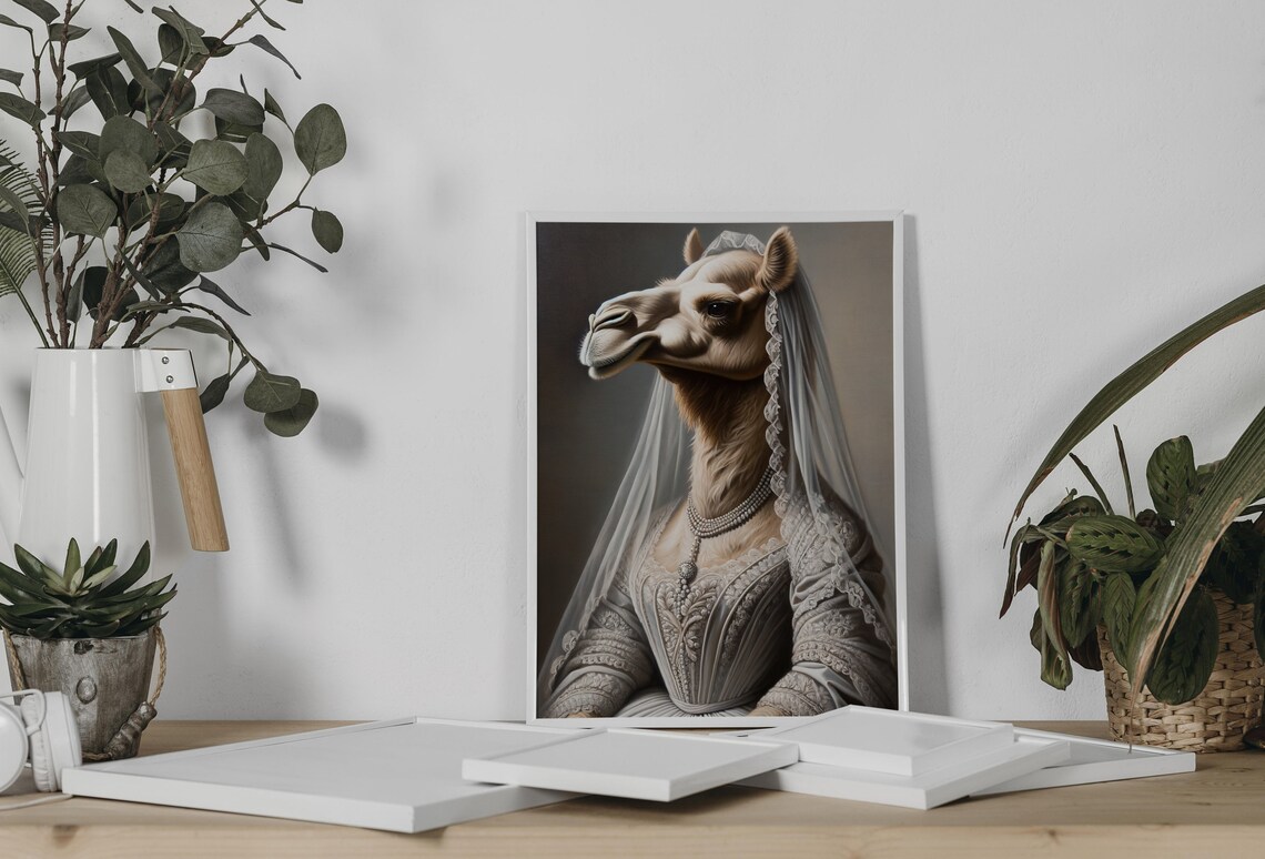 Camel Bride in a Silver Lace Wedding Gown Victorian Animal Portrait Poster - Image 2