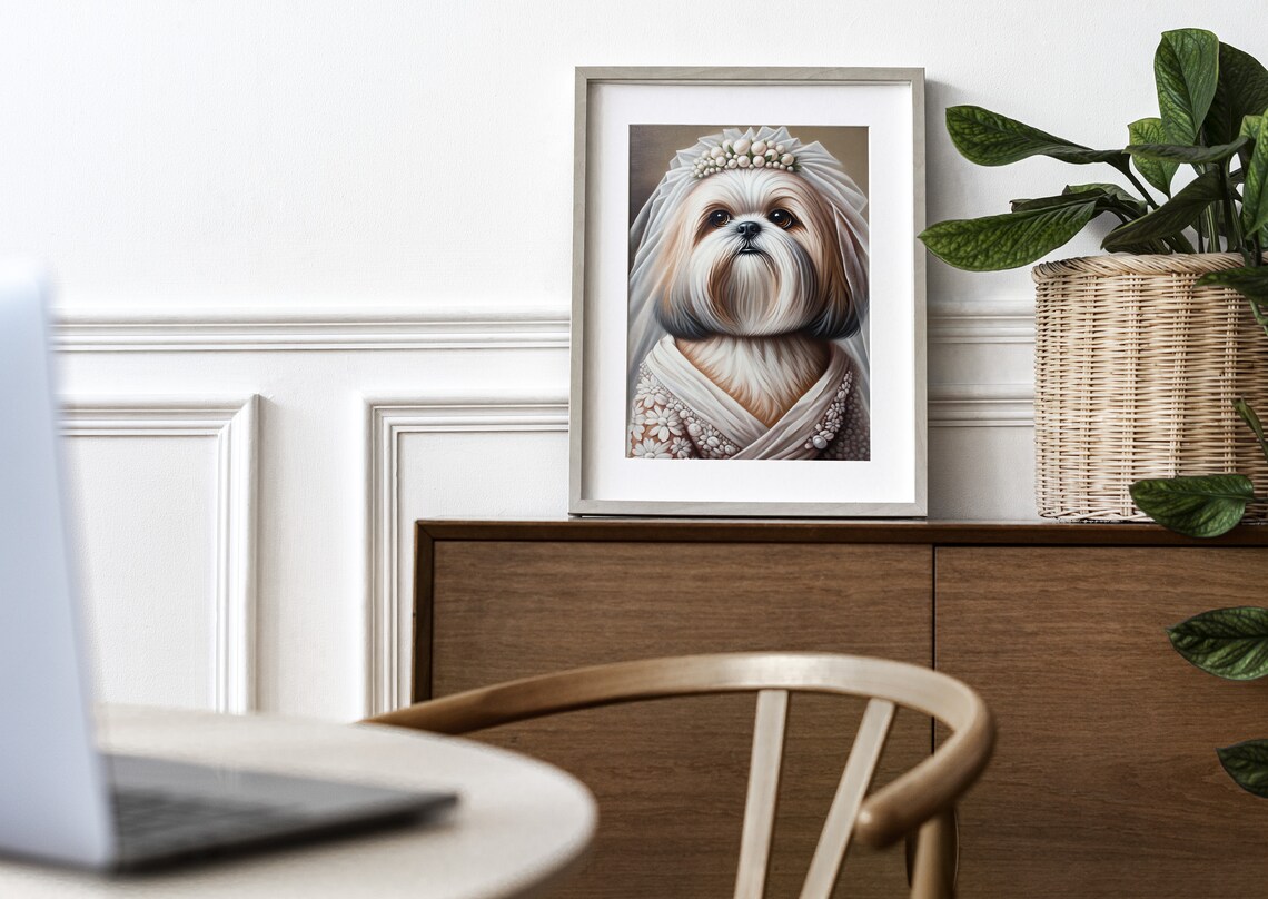 Shih Tzu Bride in Wedding Dress with Veil and Floral Headpiece Poster - Image 2