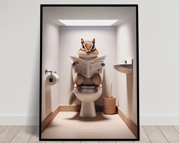 Chipmunk Reading the Newspaper on the Toilet Funny Bathroom Poster