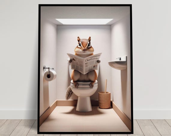 Photograph Of A Chipmunk Reading The Newspaper On The Toilet Funny Bathroom Decor Bathroom Wall Art Wc Toilet Poster Unique Gag Gift