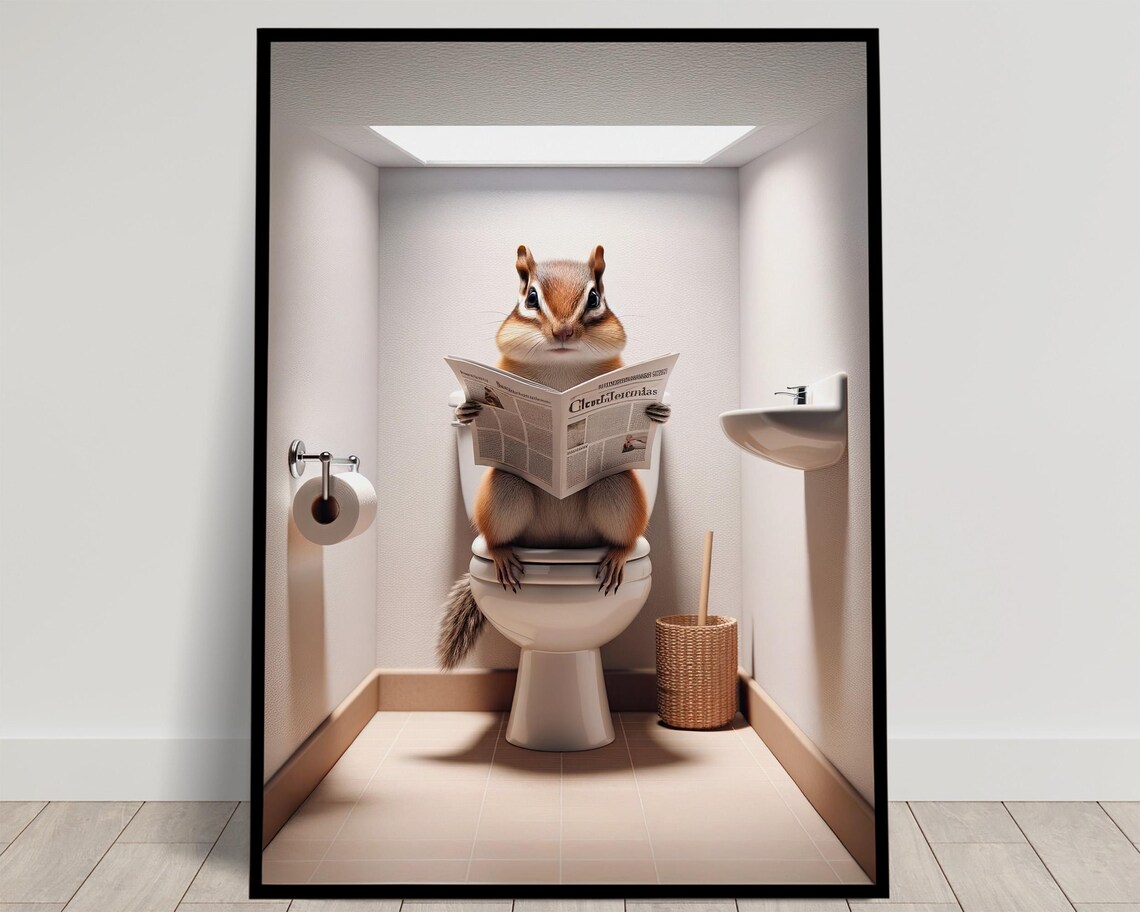 Chipmunk Reading the Newspaper on the Toilet Funny Bathroom Poster