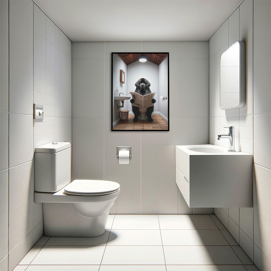 Black Newfoundland Reading Newspaper Bathroom Poster - Image 4