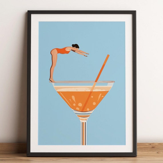 Retro Cocktail Diving Woman Bar Cart Art Print