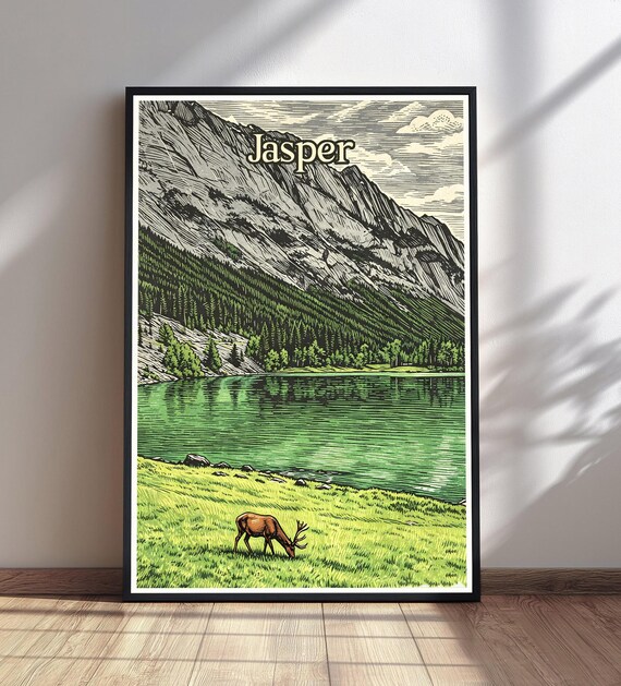 Jasper Elk Grazing Mountain Lake Vintage Travel Style Poster