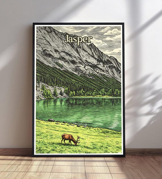 Jasper National Park Print Vintage Travel Poster Alberta Canada Wall Art Elk Mountain Lake Forest Decor