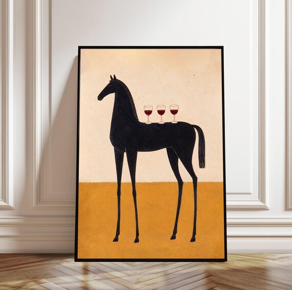 Black Horse Wine Art Print Minimalist Abstract Painting Equestrian Wall Decor Modern Drink Poster