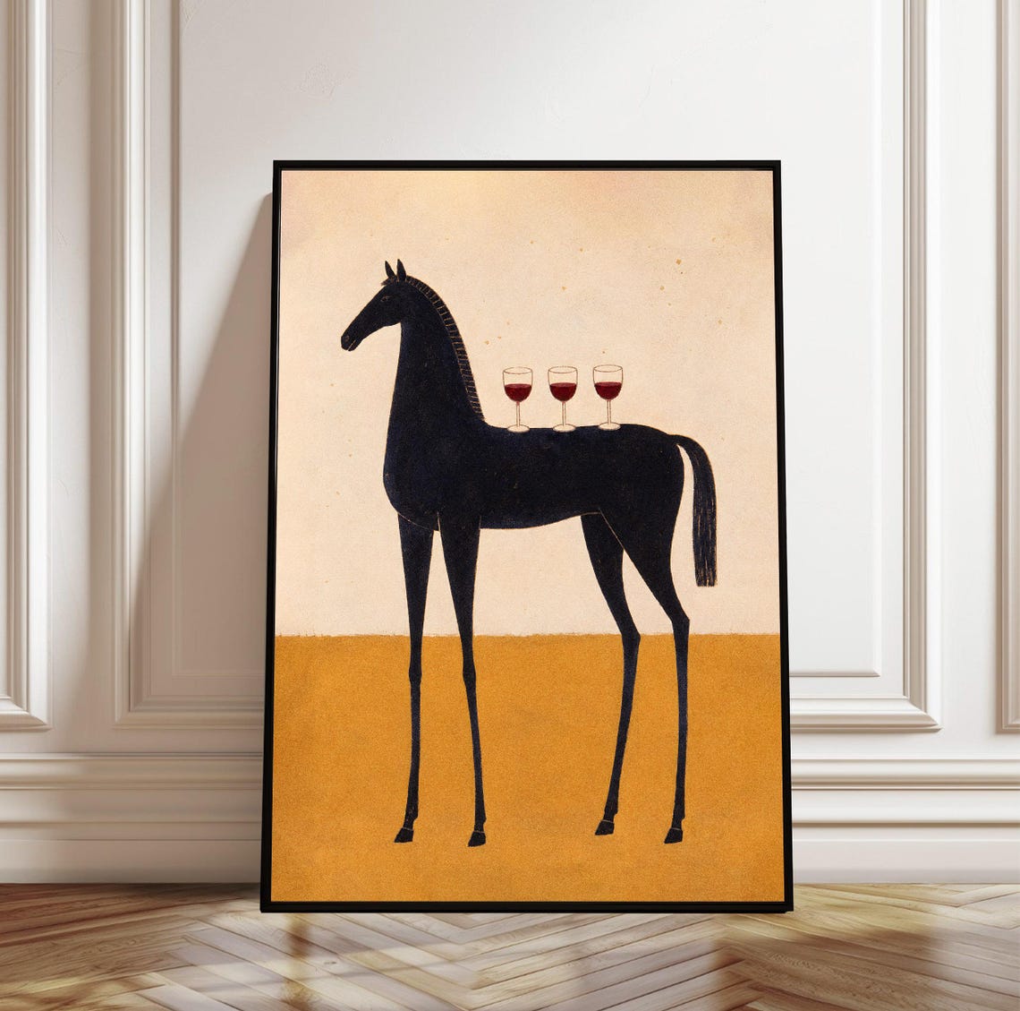 Black Horse Carrying Wine Glasses Minimalist Equine Art Poster
