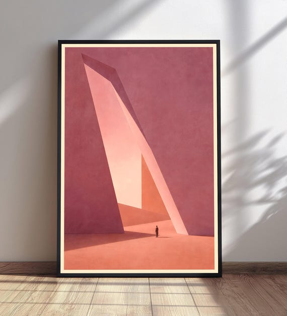 Abstract Landscape Wall Art Solitary Figure Print Geometric Shapes Decor Pink Orange Gradient Poster
