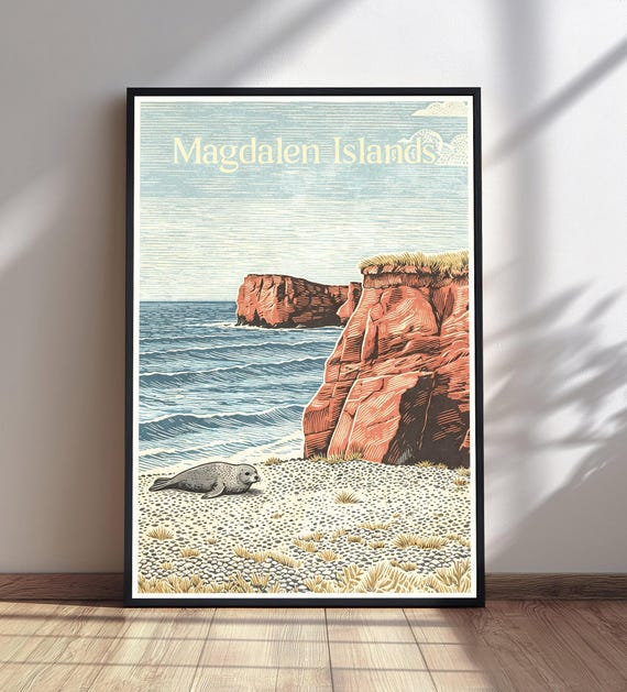 Magdalen Islands Travel Poster Vintage Quebec Print Red Cliffs Beach Wall Art Ocean Seal Decor