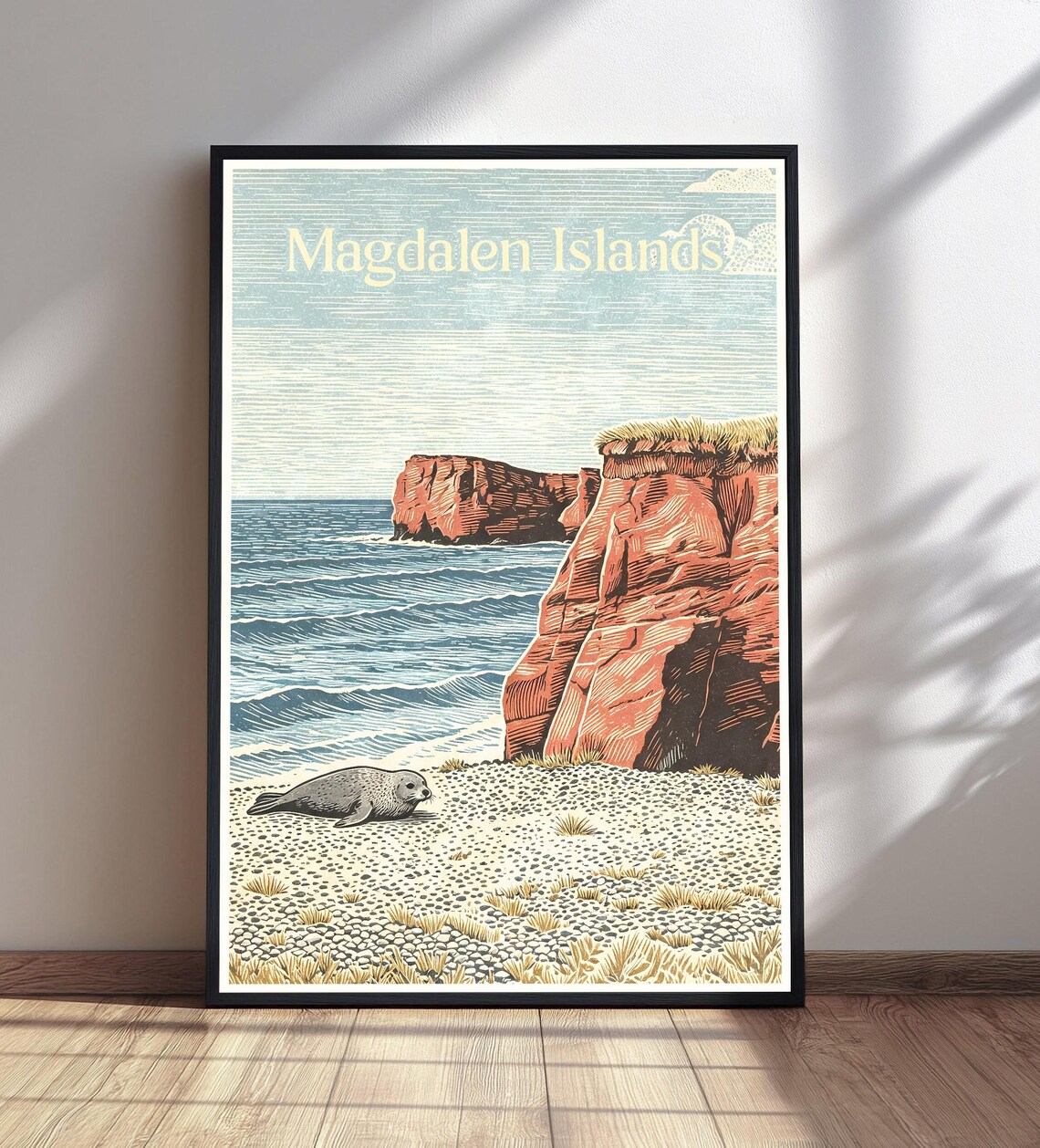 Magdalen Islands Vintage Travel Poster with Red Cliffs and Ocean Seal Artwork