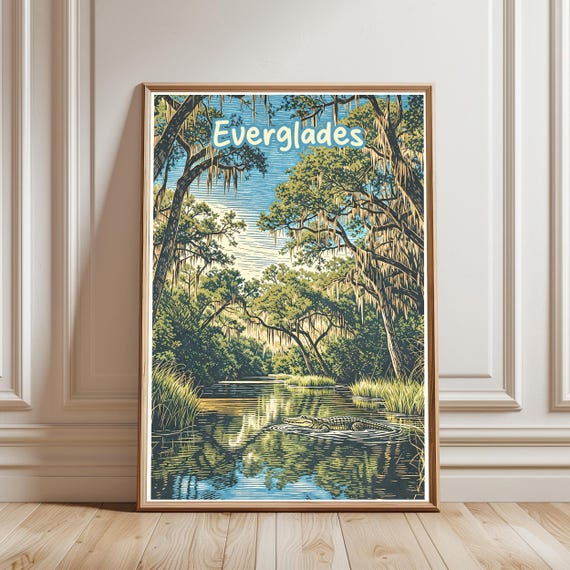 Everglades Travel Print Florida Alligator Poster Vintage National Park Wall Art Cypress Trees Decor