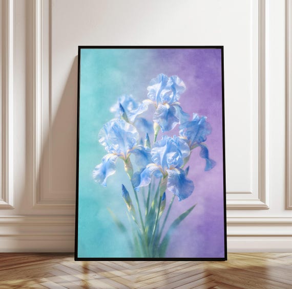 Iris Flower Print Blue Bouquet Wall Art Teal Purple Botanical Decor Floral Painting