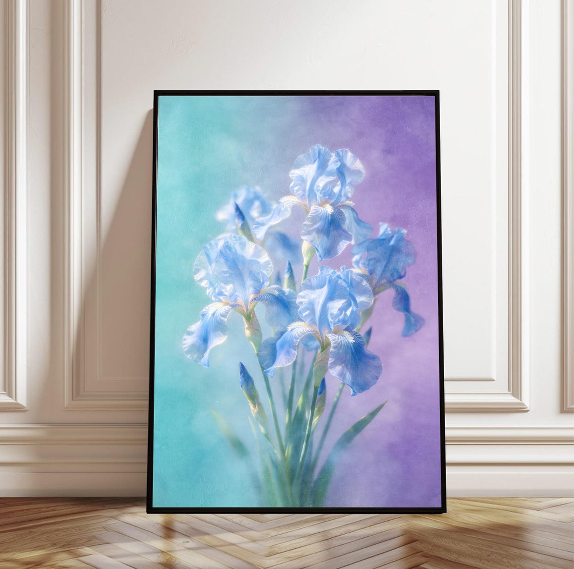 Blue Iris Flowers Teal Purple Dreamy Botanical Garden Poster