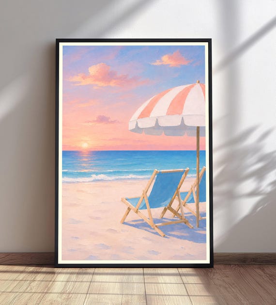 Beach Sunset Print Coastal Wall Art Deck Chairs Umbrella Summer Ocean Decor