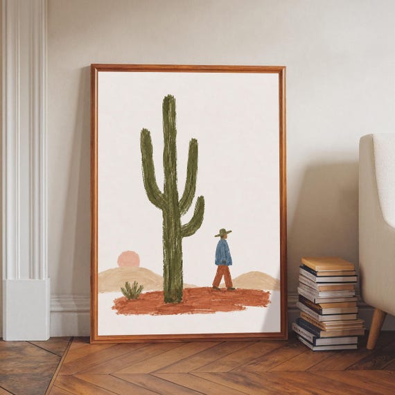 Desert Landscape Print Saguaro Cactus Wall Art Southwestern Sunset Decor Painterly Scene