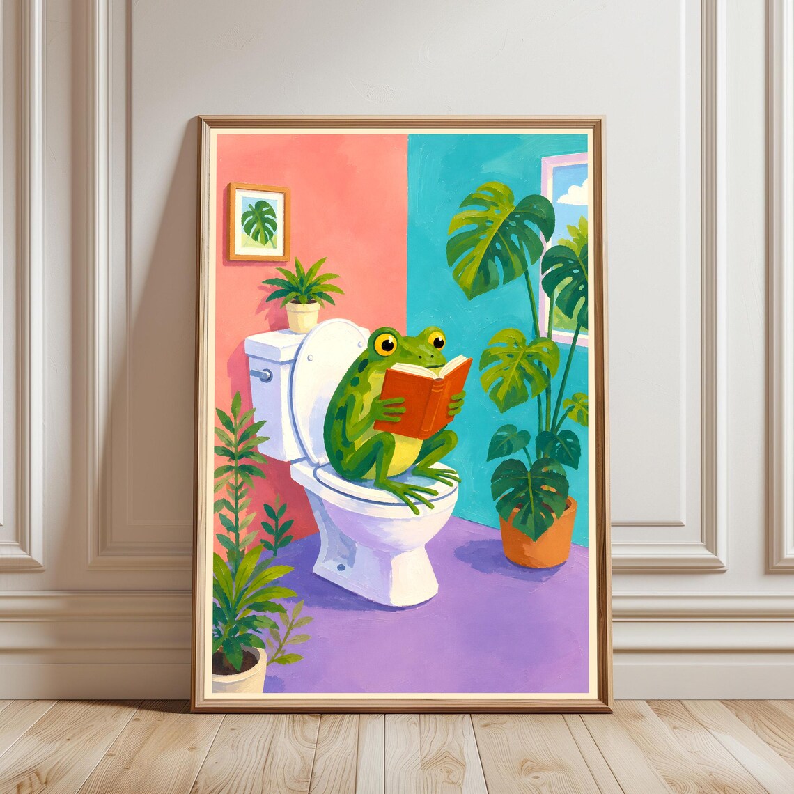Funny Frog on Toilet Reading Book Bathroom Decor Whimsical Poster