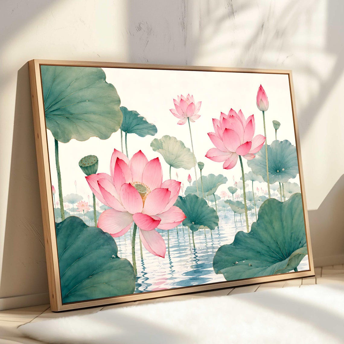 Pink Lotus Flowers Pond Watercolor Serene Botanical Art Poster