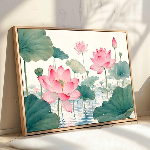 Pink Lotus Flower Print Watercolor Lily Pads Wall Art Botanical Zen Decor Floral Nature Poster