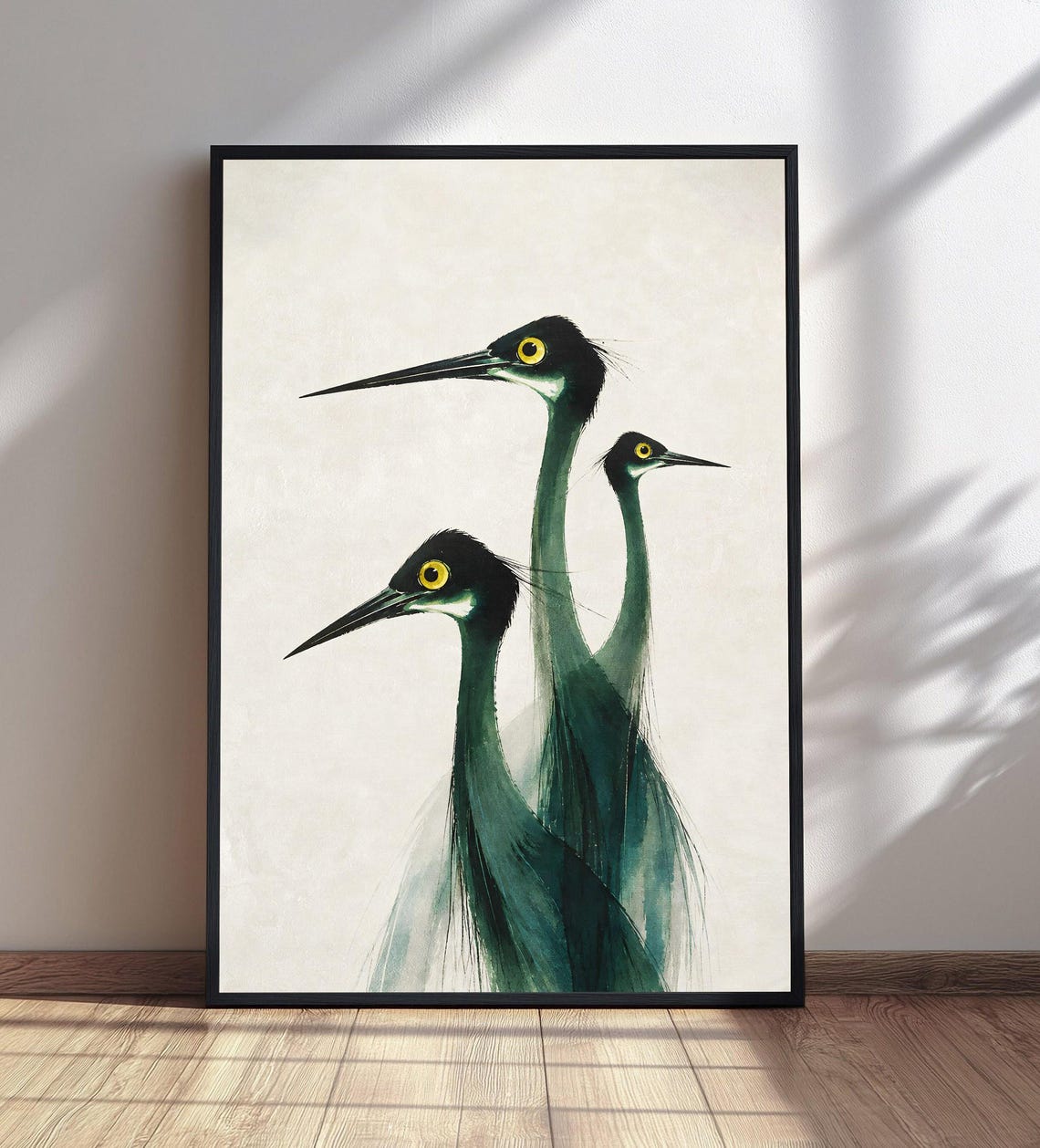 Abstract Heron Art Print Dark Green Cranes Wall Modern Bird Decor Yellow Eye