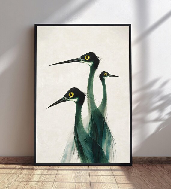 Abstract Heron Art Print Dark Green Cranes Wall Modern Bird Decor Yellow Eye