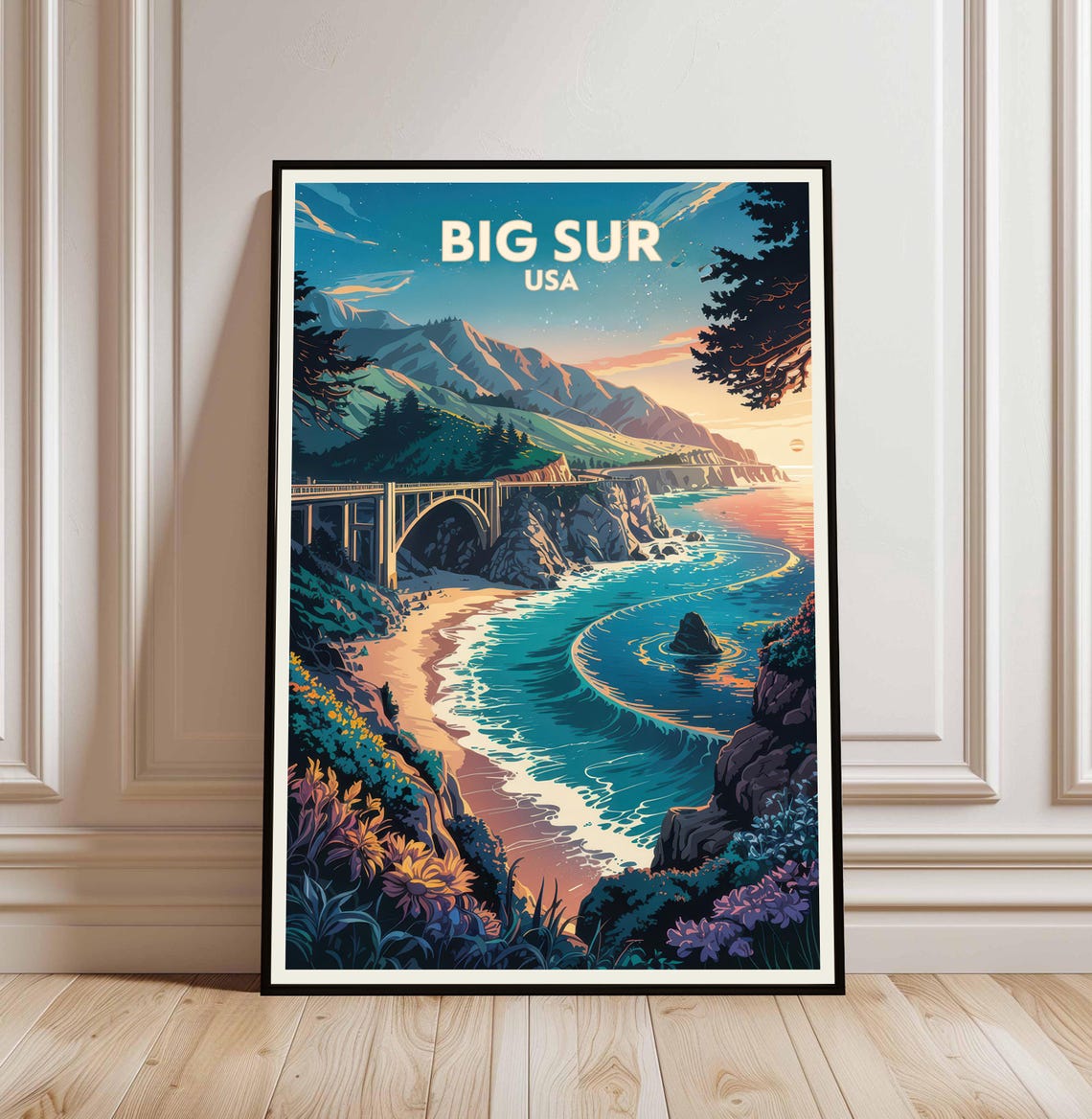 Big Sur USA Pacific Coast Sunset Vintage Highway Bridge Travel Poster