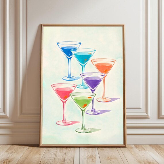 Colorful Martini Cocktail Glasses Watercolor Bar Cart Party Poster