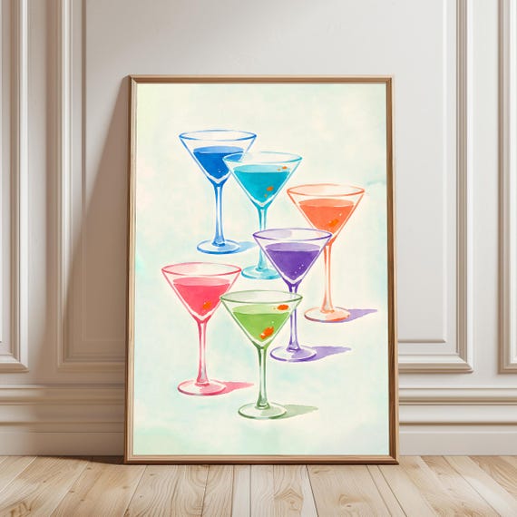 Martini Watercolor Print Colorful Cocktail Glasses Bar Cart Decor Kitchen Wall Art