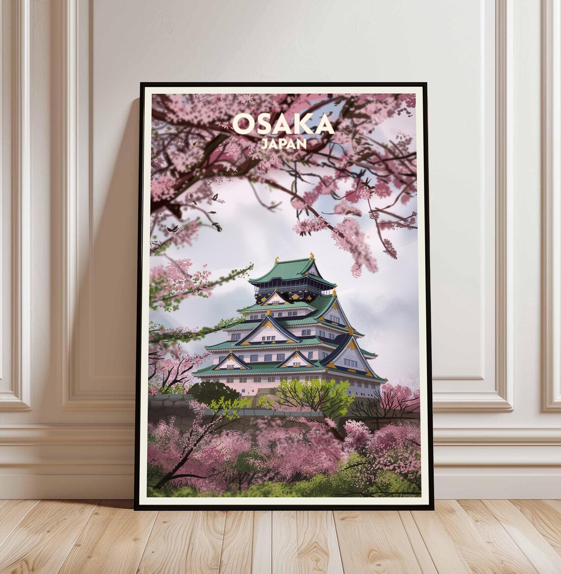 Osaka Japan Castle Cherry Blossom Vintage Travel Illustration Poster