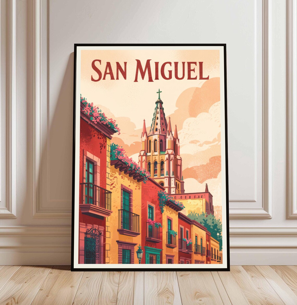 San Miguel de Allende Pink Church Colonial Street Travel Poster