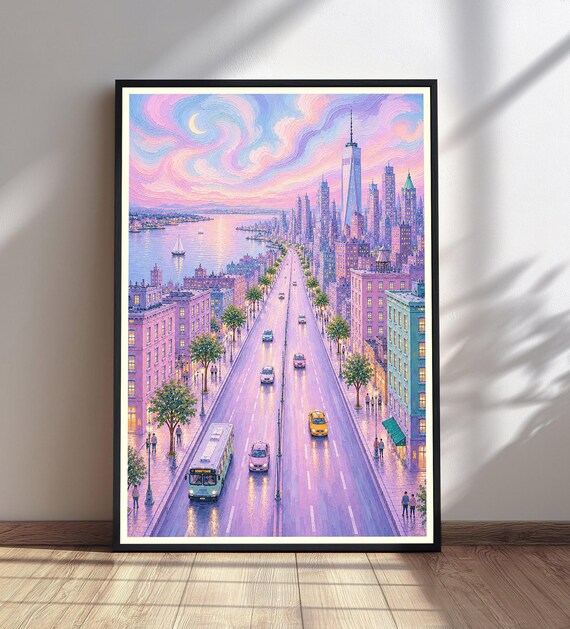 Dreamy Cityscape Art Print Vibrant City Painting Bay Sailboats Wall Crescent Moon Decor