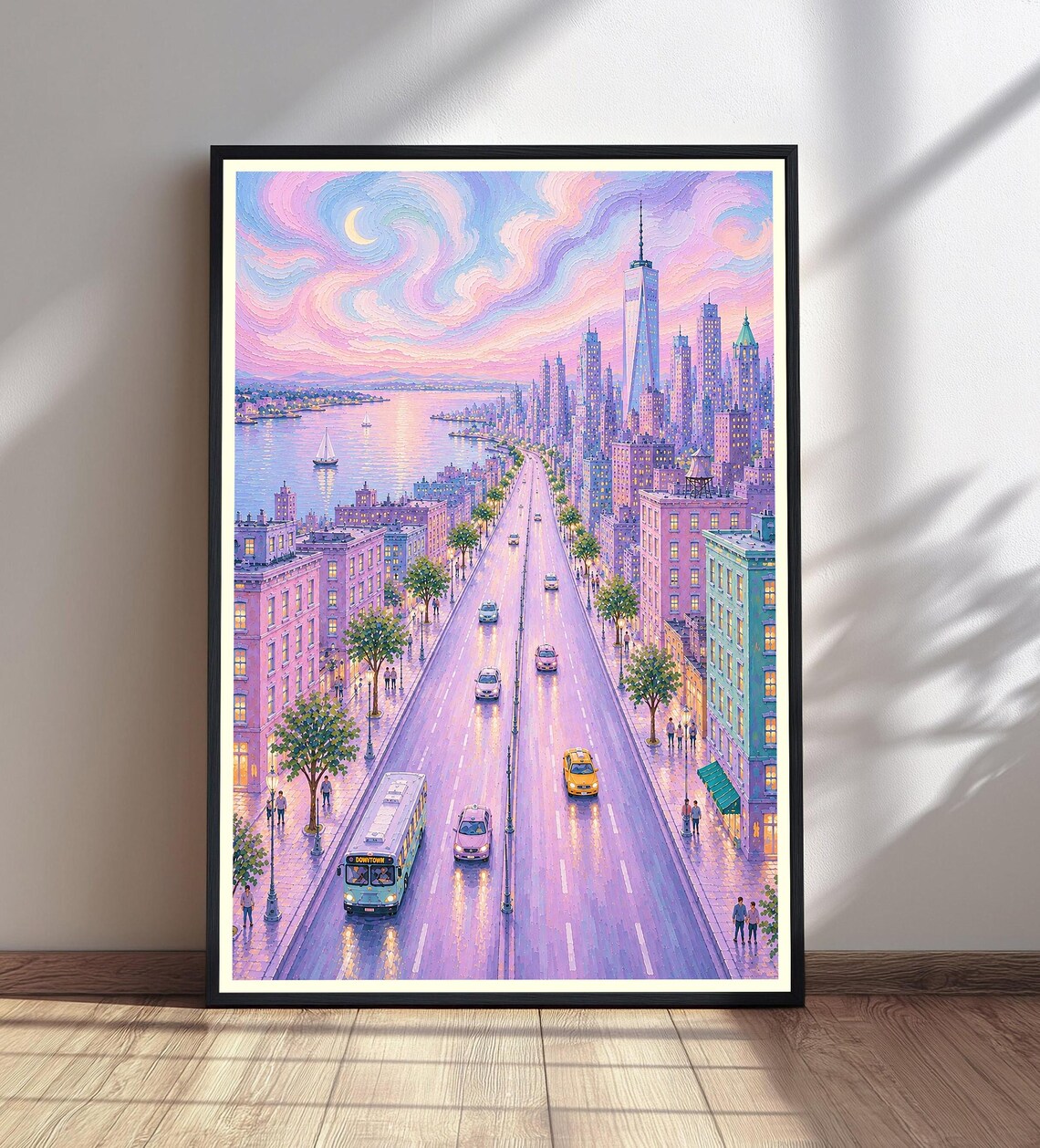 Dreamy Pastel Cityscape Crescent Moon Skyline Taxi Night Poster