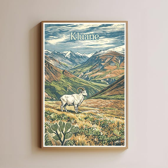 Kluane National Park Print Bighorn Sheep Wall Art Vintage Travel Poster Mountain Nature Decor