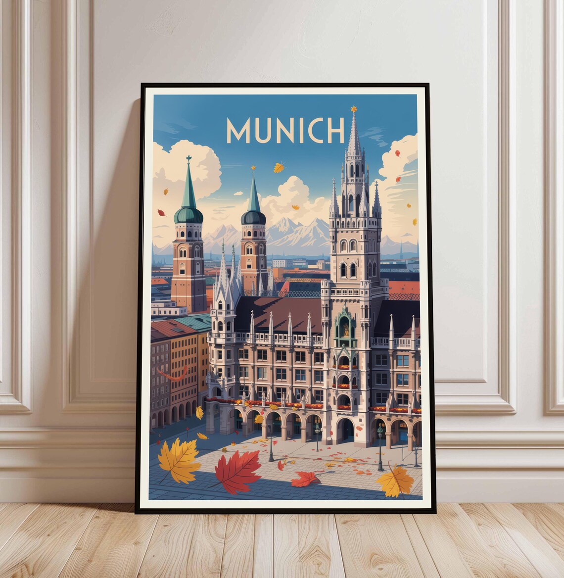 Munich Germany Marienplatz Autumn Vintage Travel Poster City Art