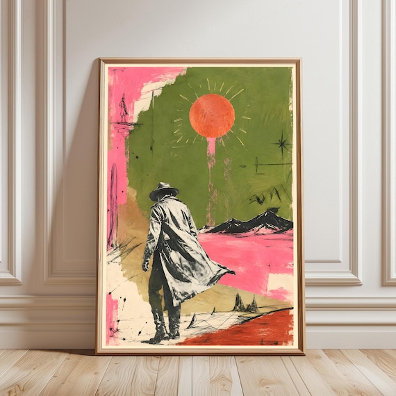 Cowboy Walking Red Sun Surreal Western Desert Landscape Poster