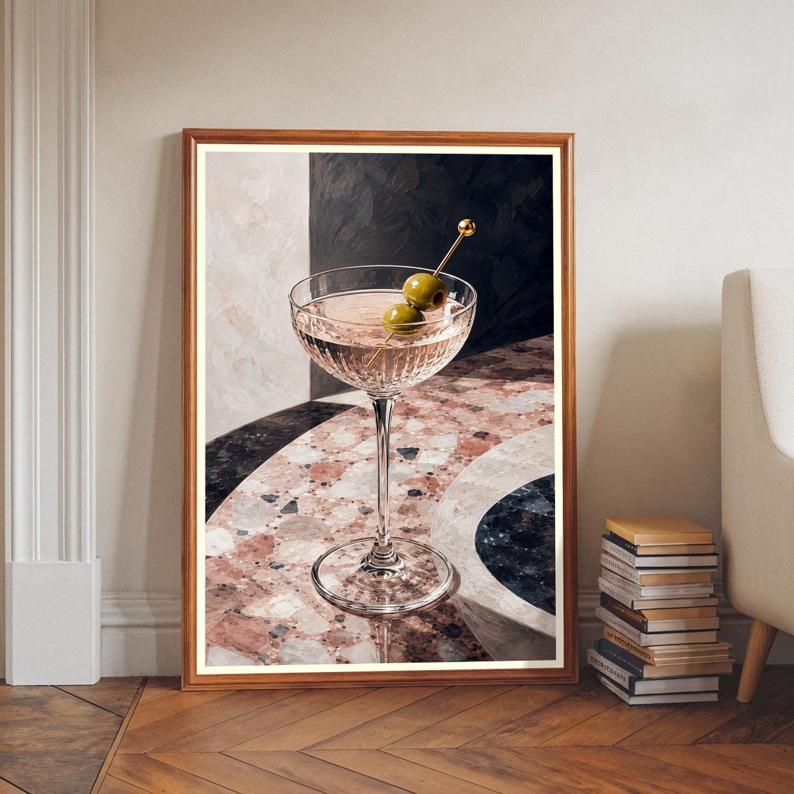 Martini Glass Wall Art Cocktail Print Pink Terrazzo Bar Cart Decor Abstract Kitchen