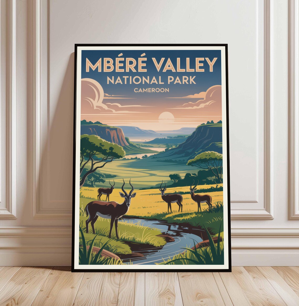 Mbere Valley National Park Cameroon Antelope Sunset Travel Poster